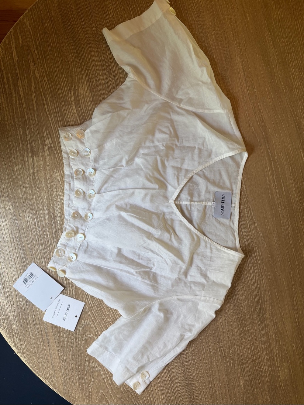 Nikki Chasin White Button-Trim Linen Crop Top